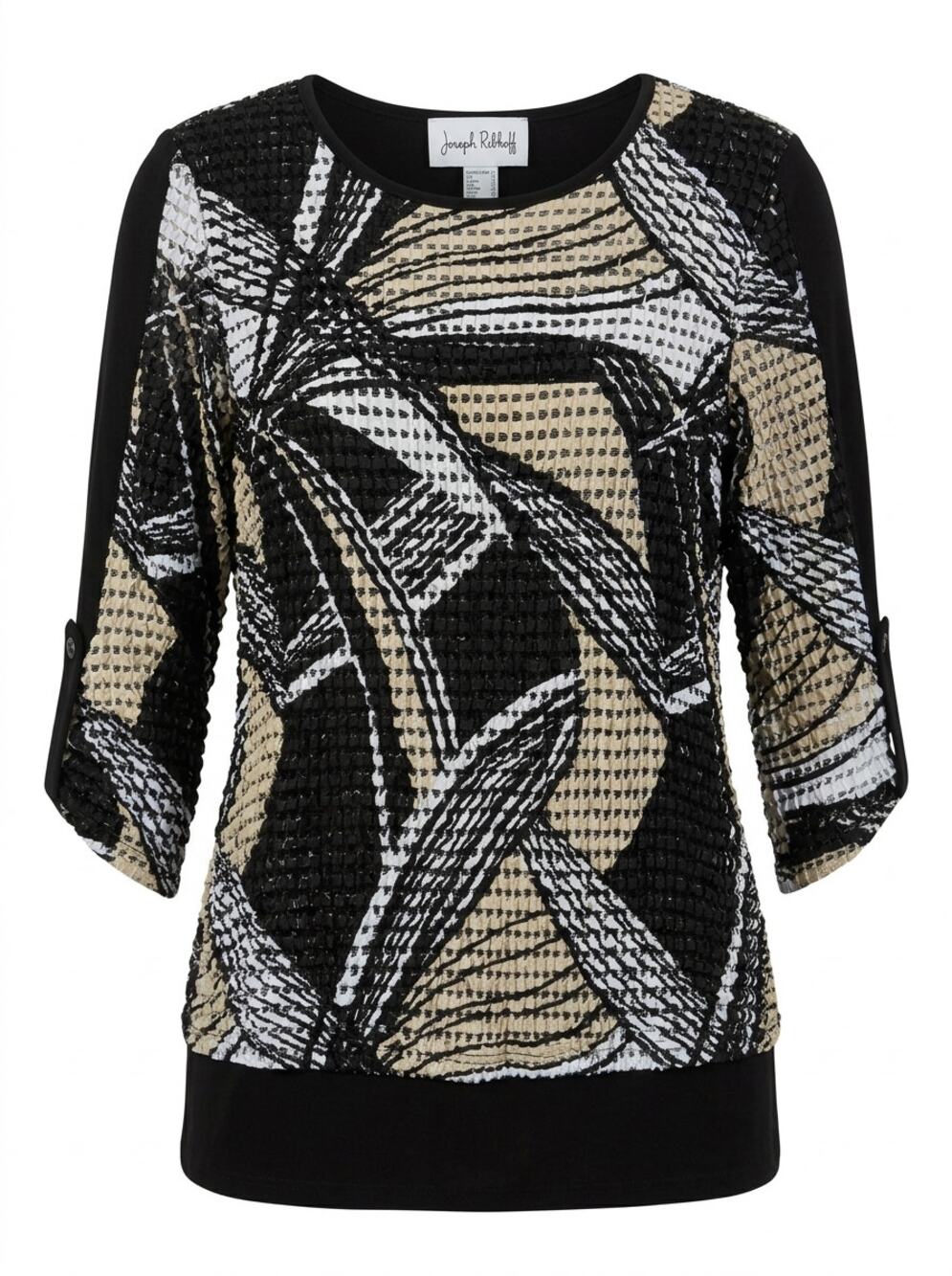 Joseph Ribkoff Black Beige Abstract Textured 3/4 Sleeve Top Women Size 10